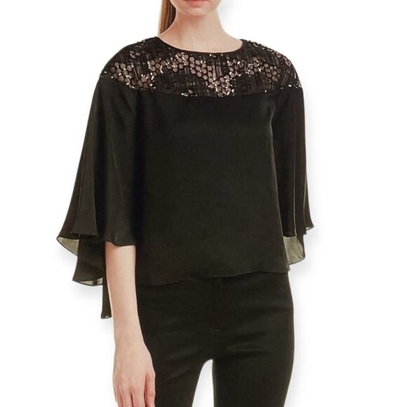Black Embroidery Sequins Shoulder Flowing Wide Sleeve Formal Blouse Top  - NEW - Picture 1 of 4